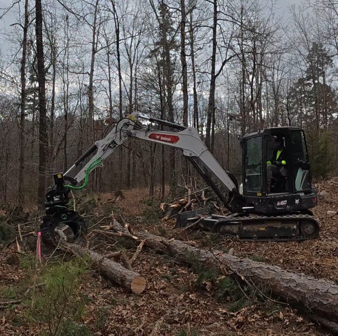 Bobcat E60 excavator with grapple handling felled timber