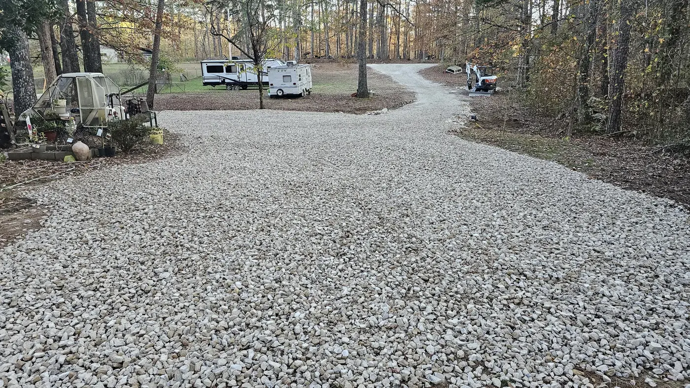 Finished gravel driveway and parking area